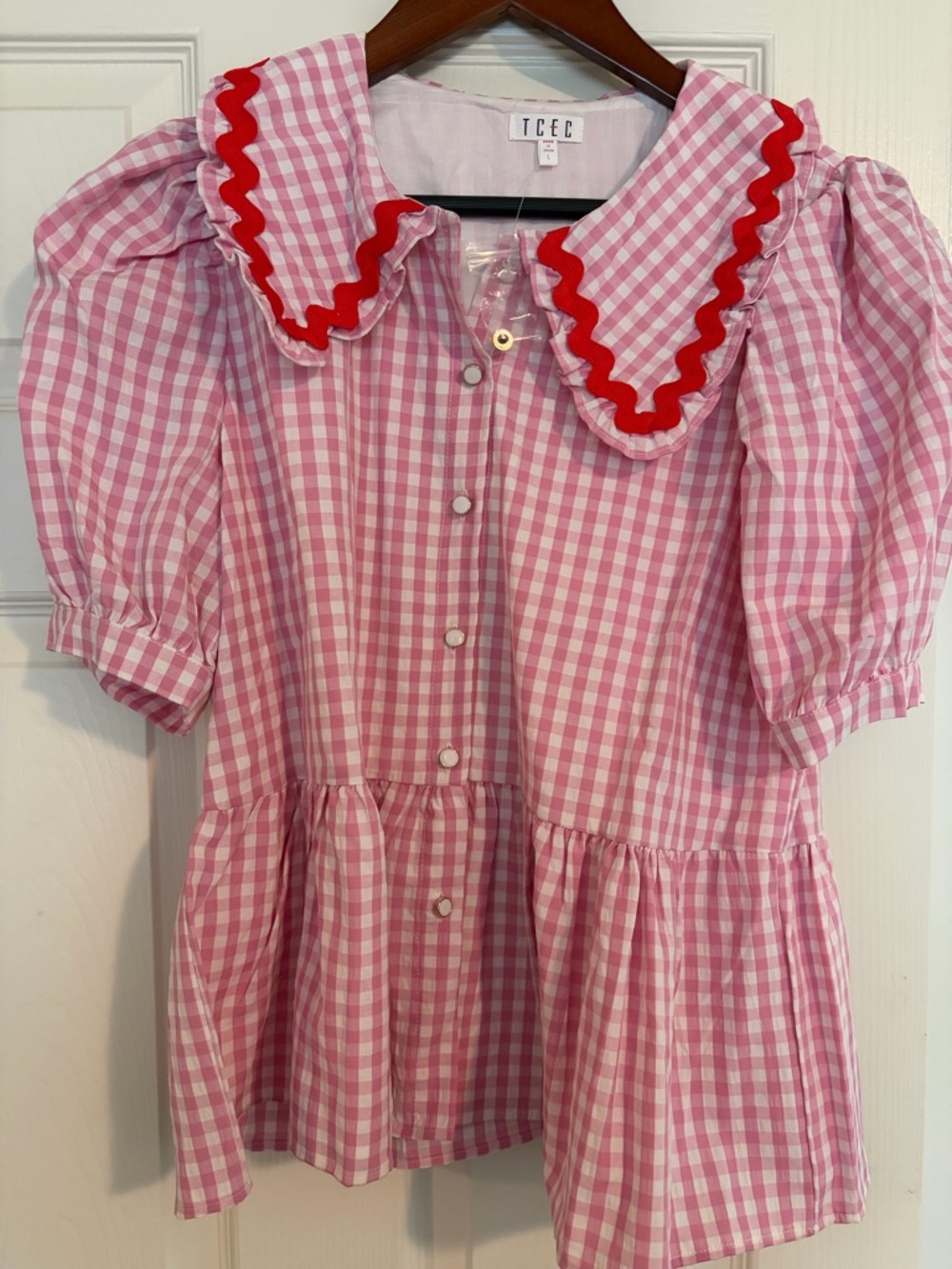 NWT TCEC Pink Gingham Puff Sleeve Blouse with Red Trim